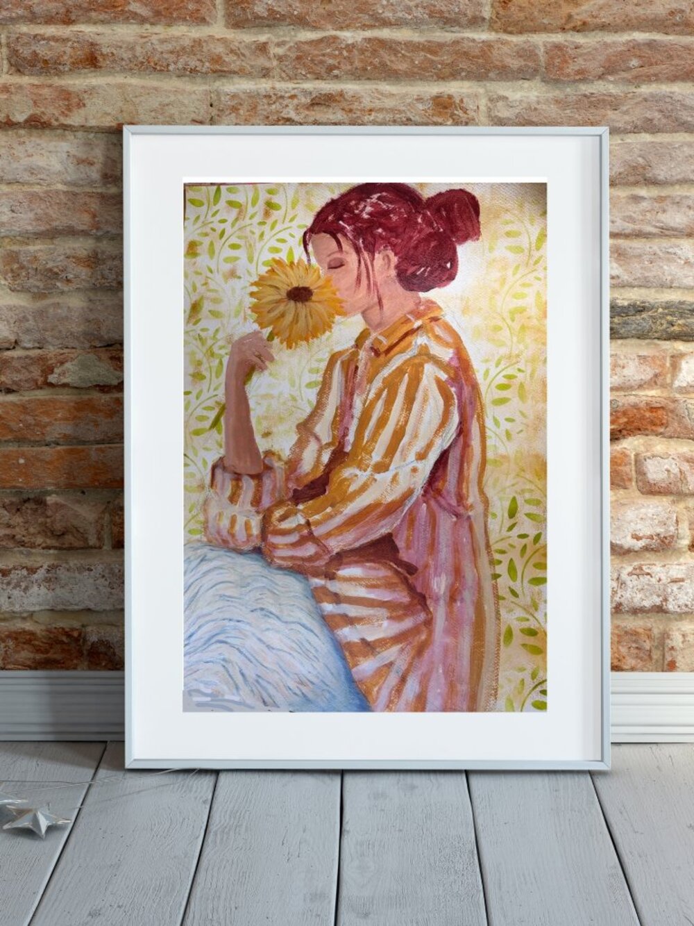 Sunflower Moment - Hand-Painted Woman Portrait in Golden and Cream Tones